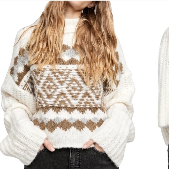 NWT  Free People Alpine Crop Mock Neck Chunky Knit Sweater Snowy Forest new M - Picture 3 of 12